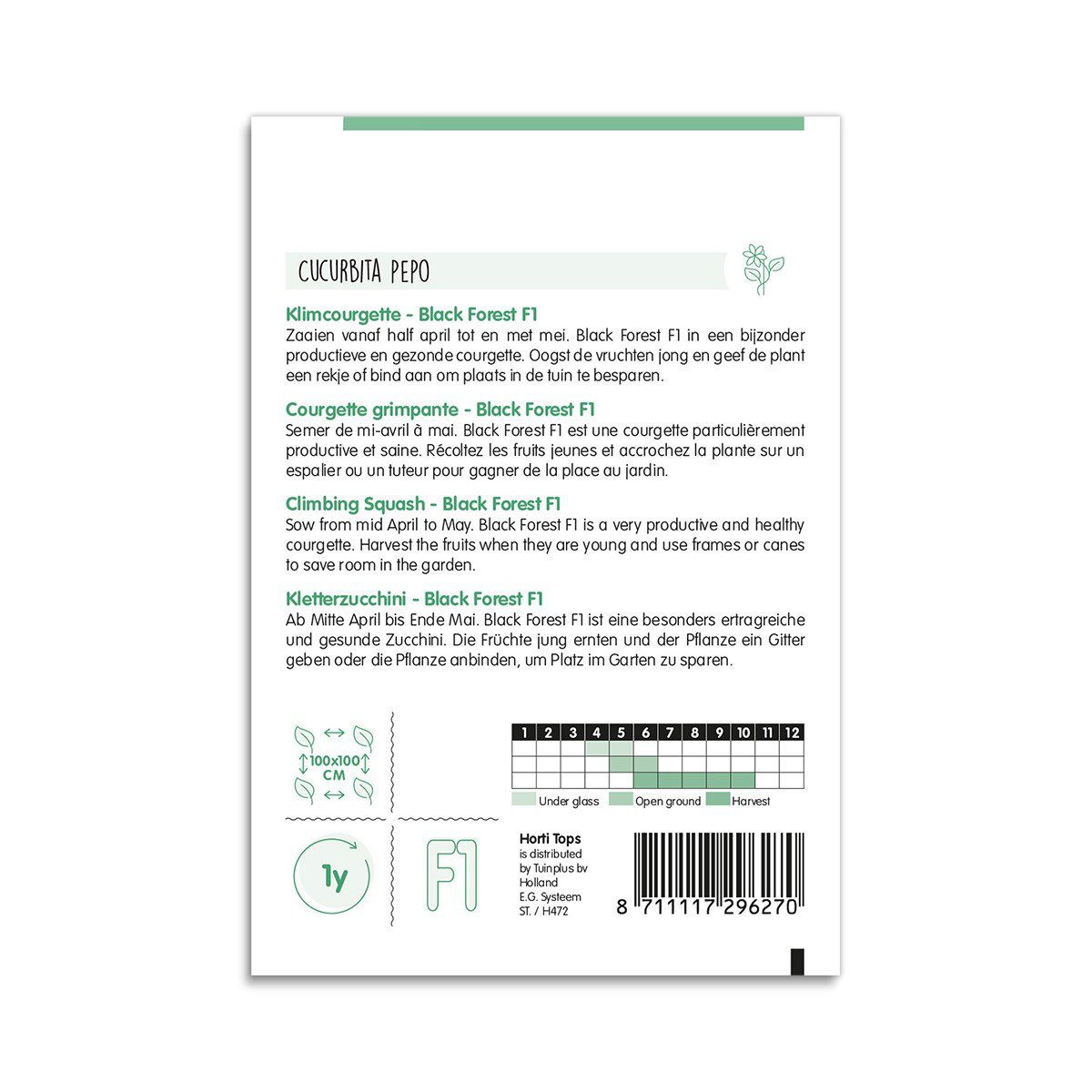 Bagside af frøpose til klatrezucchini Black Forest F1