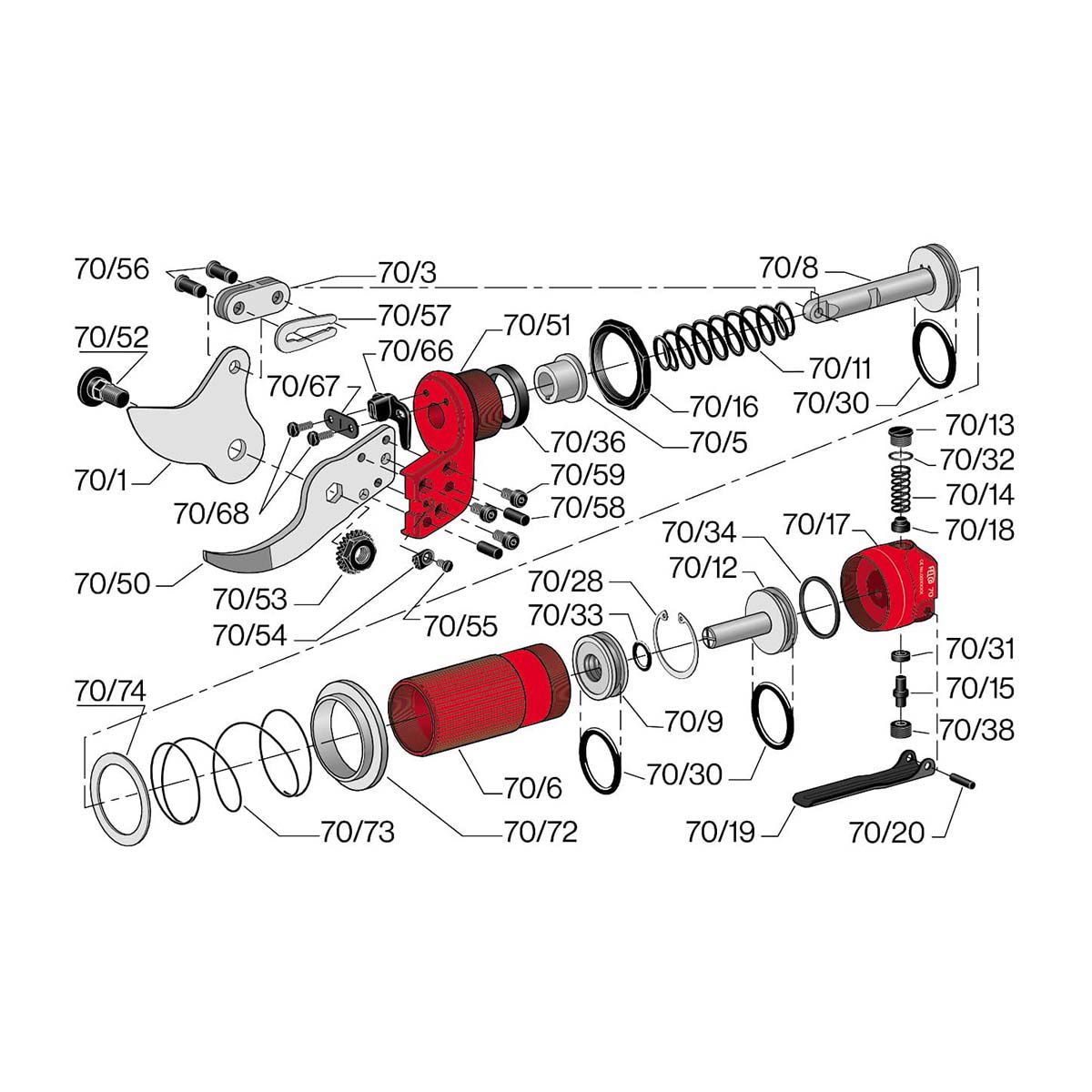 Eksploderet visning af komplet bremsehus med dele