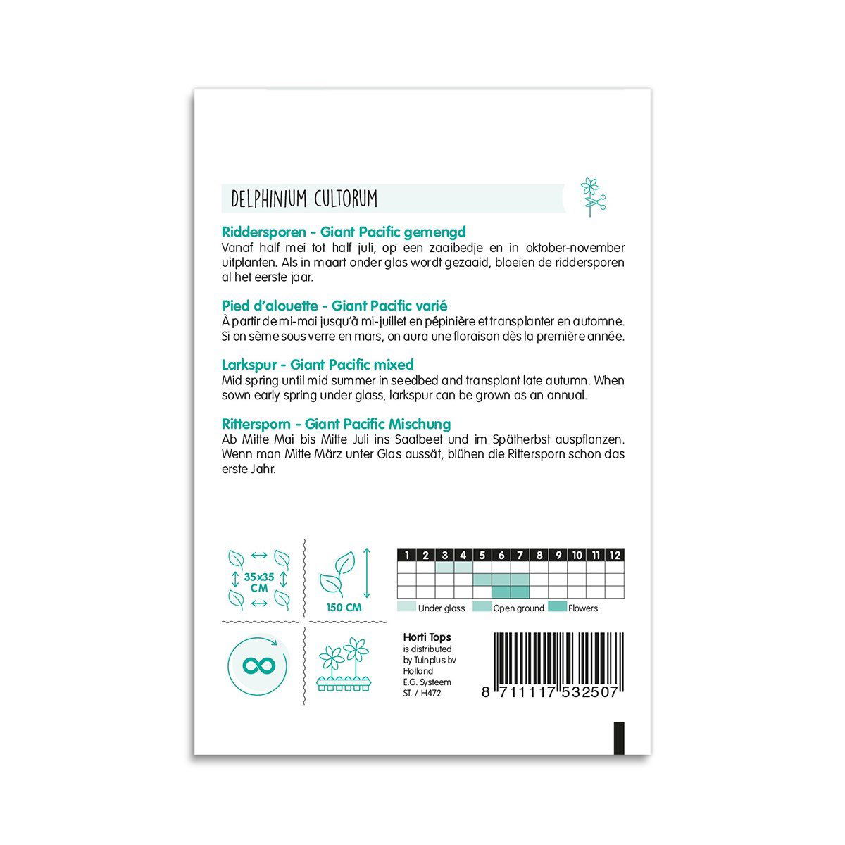 Bagside af Delphinium Giant Pacific frøpose