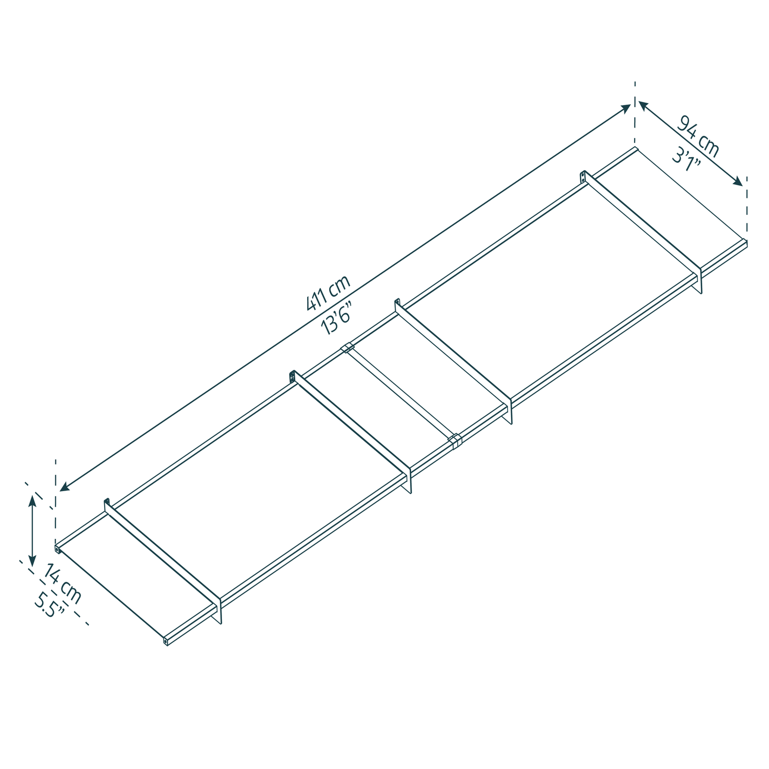 Isometrisk tegning af hylde 411x94x14 cm