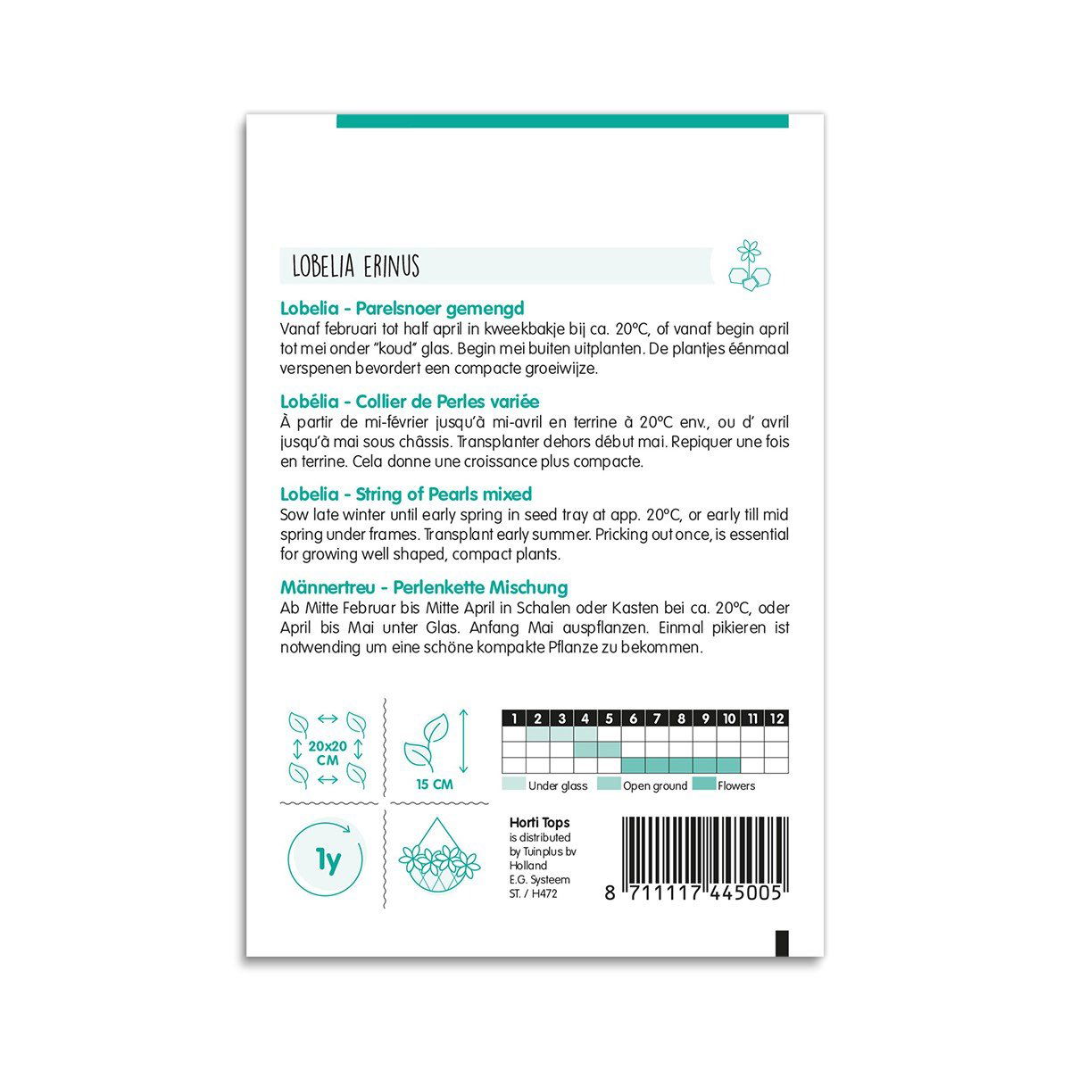 Bagside af Lobelia erinus frøpose med dyrkningsvejledning