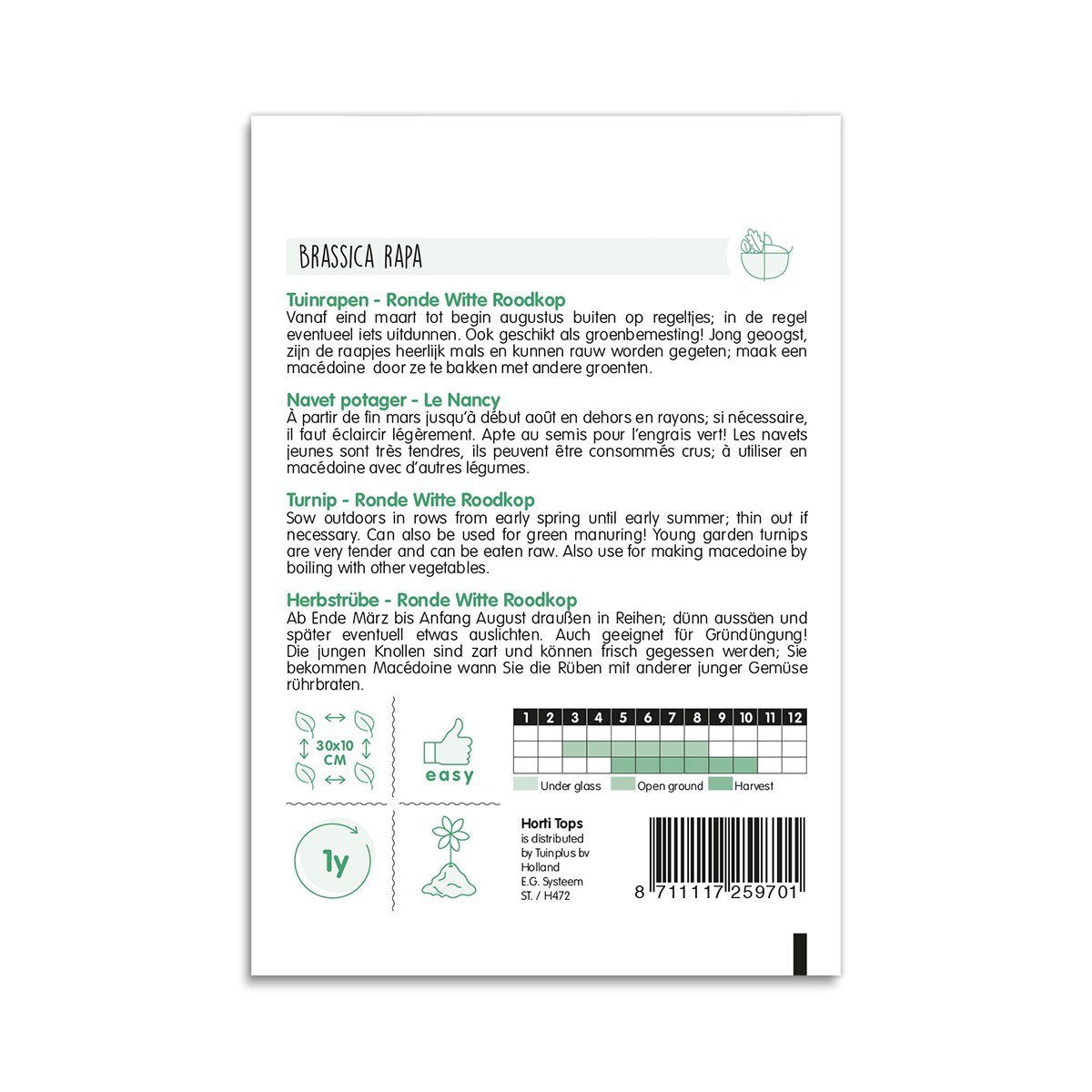 Bagside af frøpose til runde hvide majroer med info