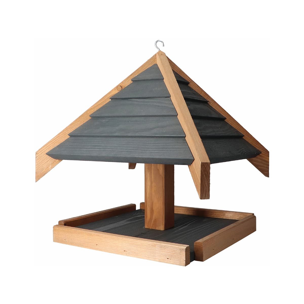 Træ fuglefoderbræt med sort pyramideformet tag
