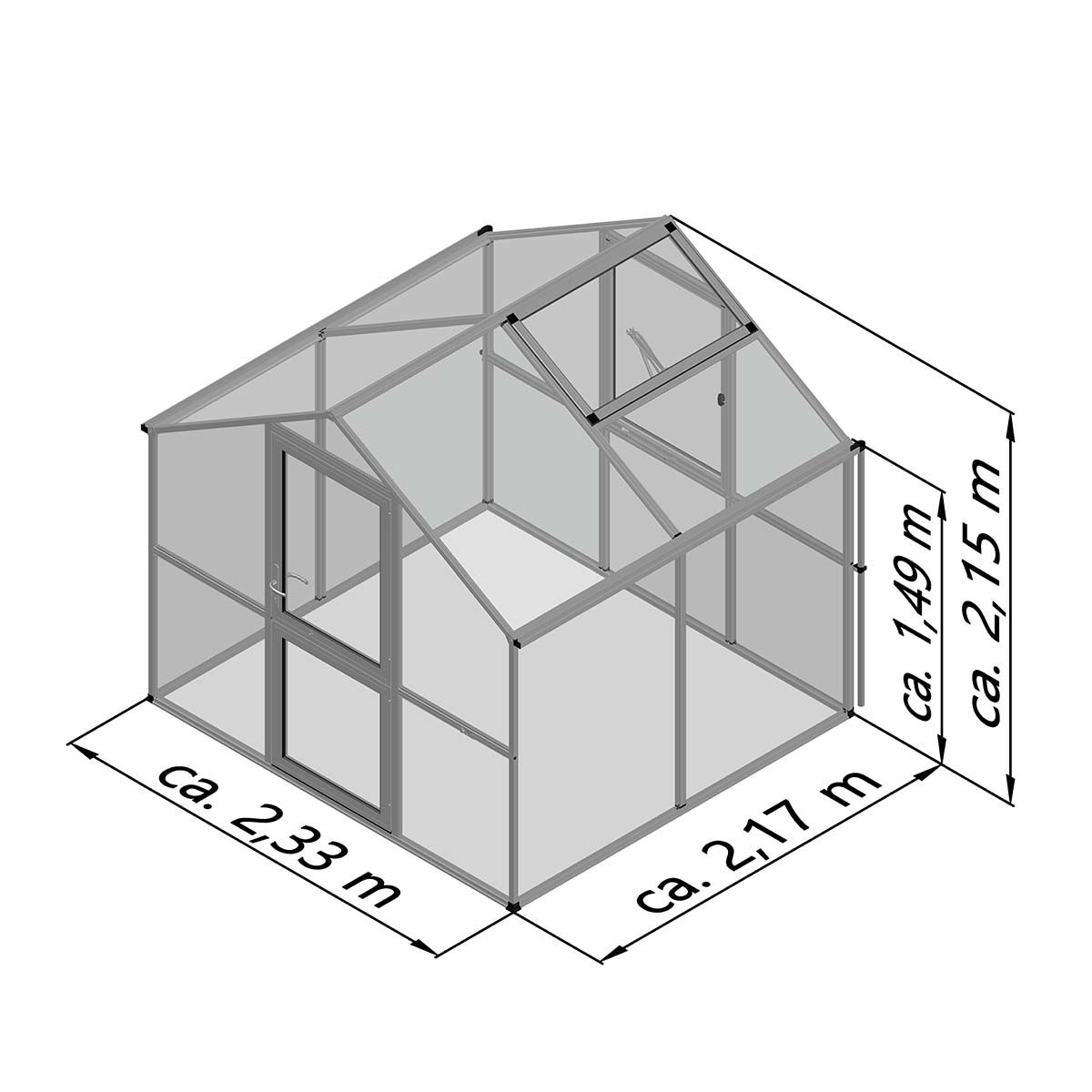 Grafisk tegning af drivhus 2,33 x 2,17 x 2,15 m