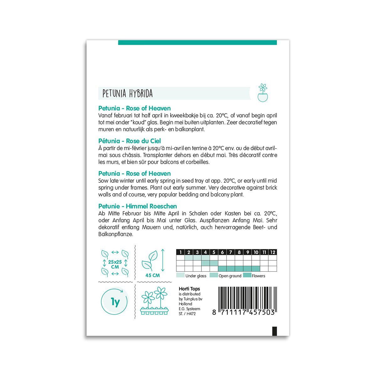 Bagside af Petunia Rose of Heaven frøpose med vejledning