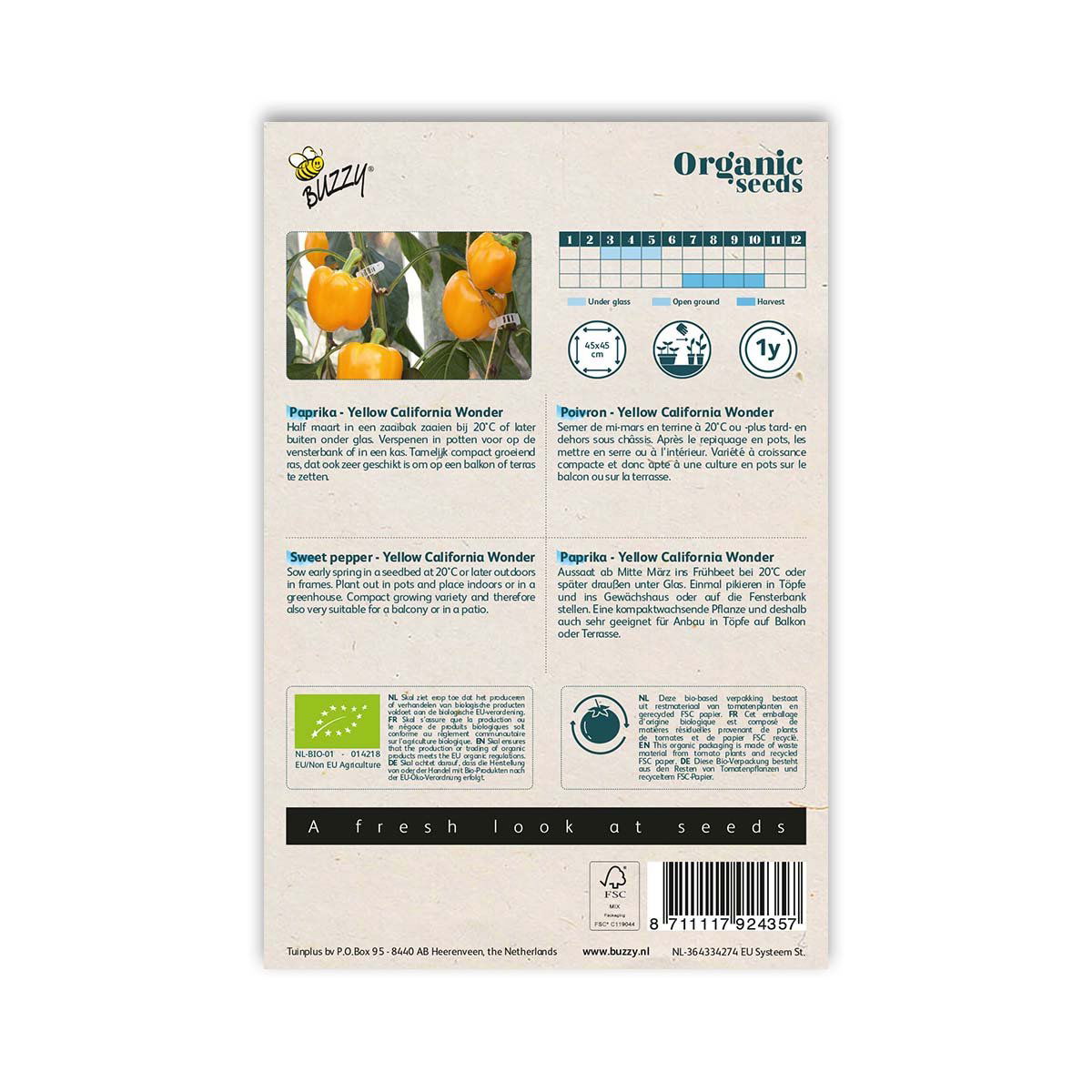 Bagside af økologiske frø til gul peber Yellow California Wo