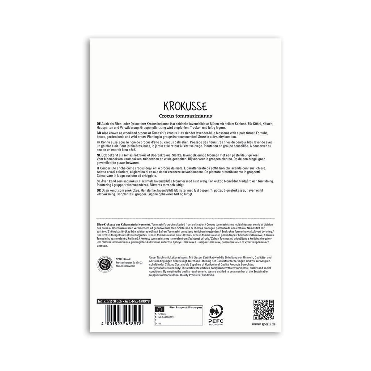 Bagside af Perli krokus løgpose Crocus tommasinianus