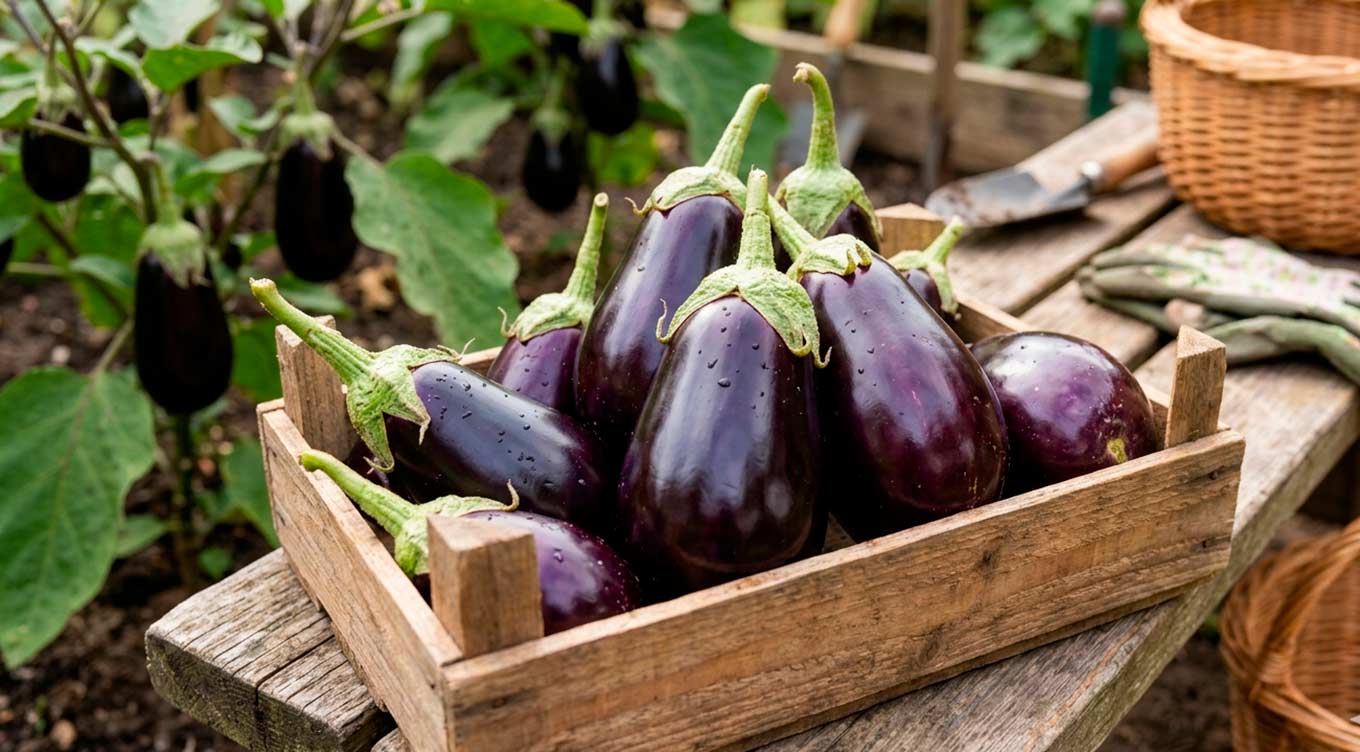 Friske auberginer i trækasse på havebord Mørkelilla auberginer med grønne stilke i en rustik trækasse på et havebord, med aubergineplanter og kurve i baggrunden
