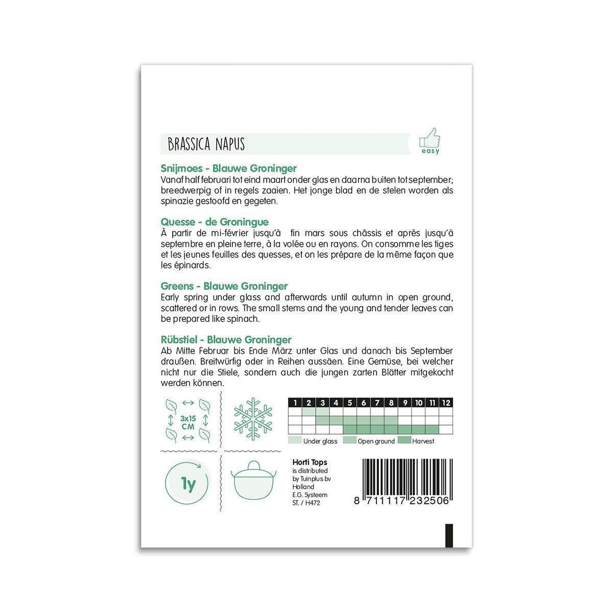 Bagside af Brassica napus frøpose med dyrkningsvejledning