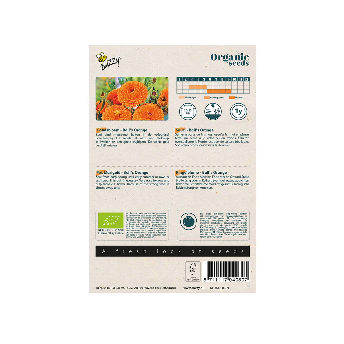 Bagside af pakke med økologiske Ball’s Orange frø