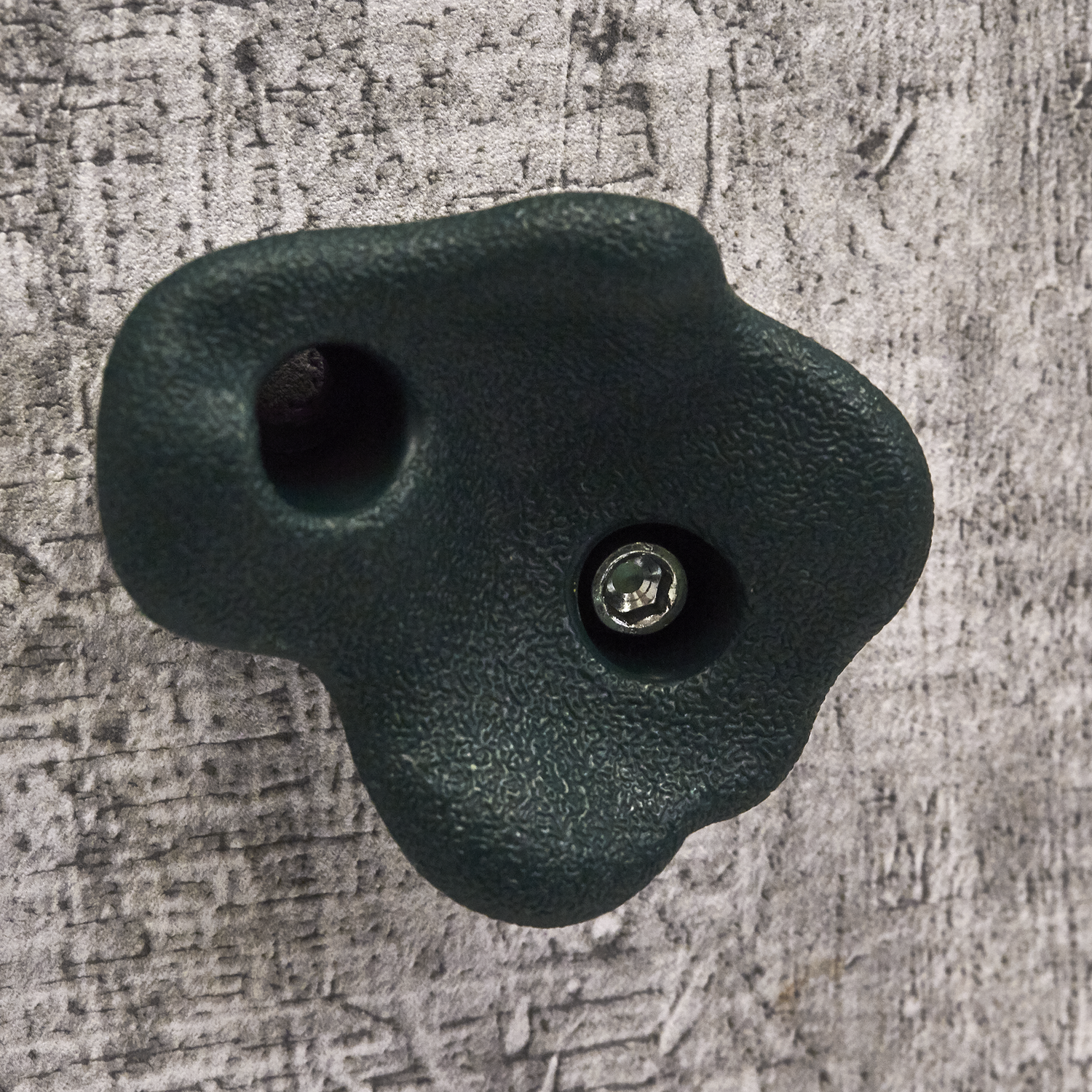 Mørkgrønt plast klatregreb monteret på væg