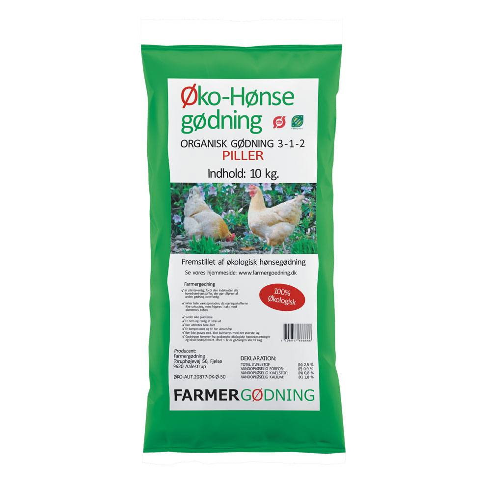 Øko hønsegødning pellets 10 kg Grøn sæk med økologisk hønsegødning 10 kg