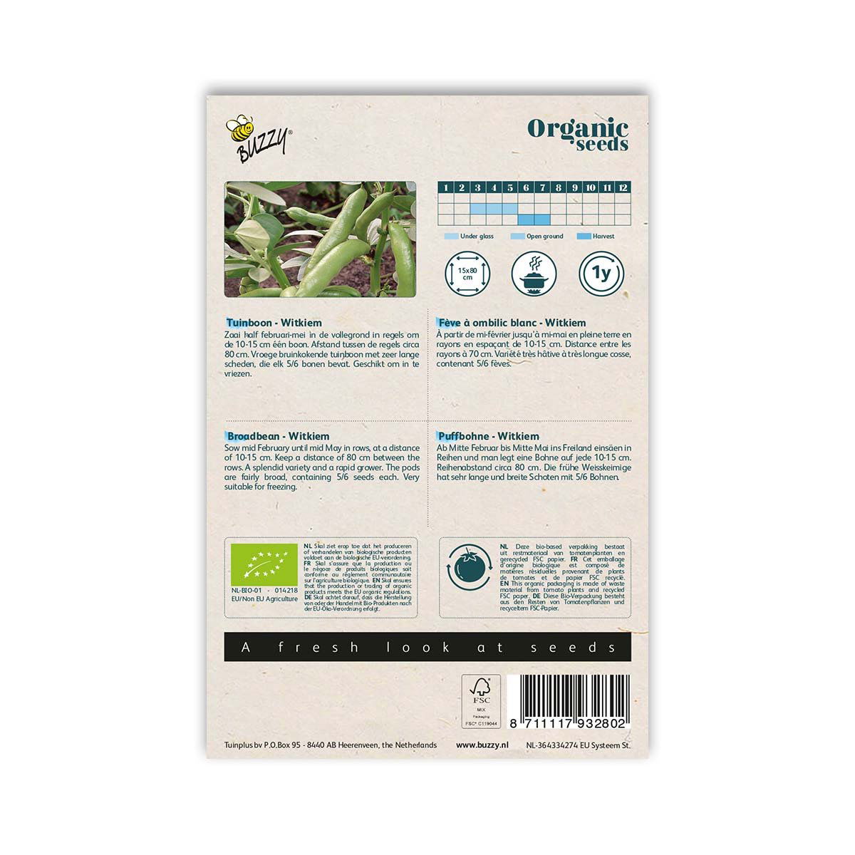 Bagside af pose med økologiske hestebønnefrø