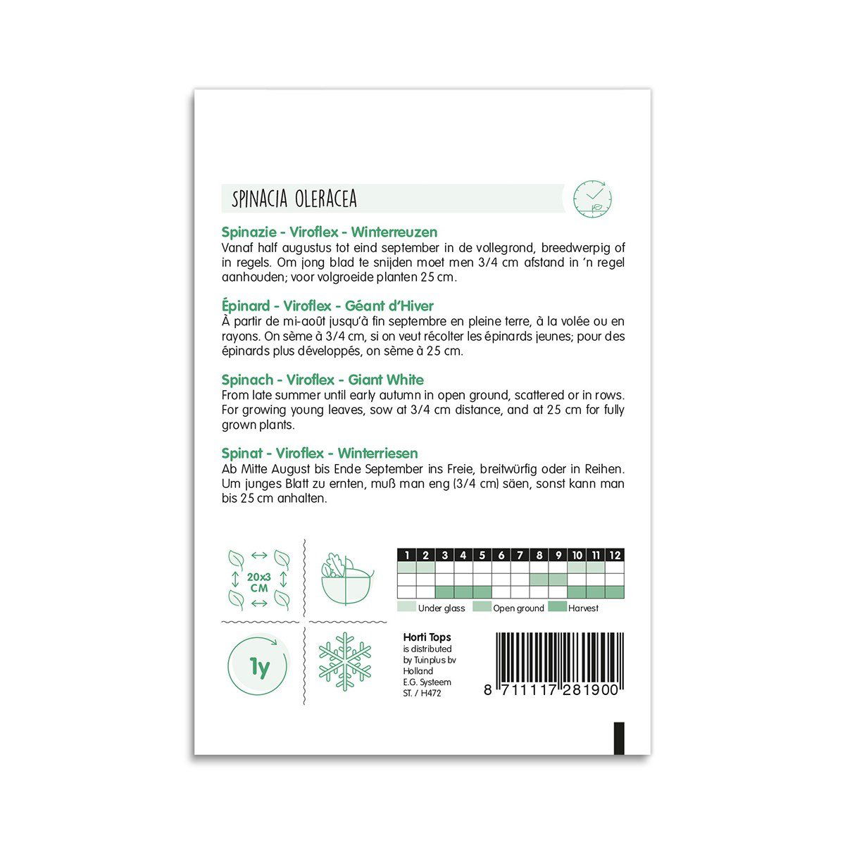 Pose med Viroflex spinatfrø og dyrkningsanvisning