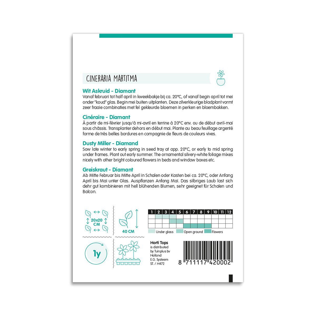 Bagside af frøpose til Cineraria maritima med tekst