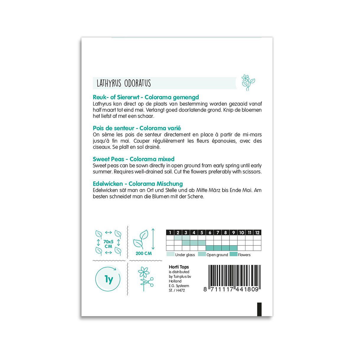 Bagside af Lathyrus odoratus Colorama frøpose
