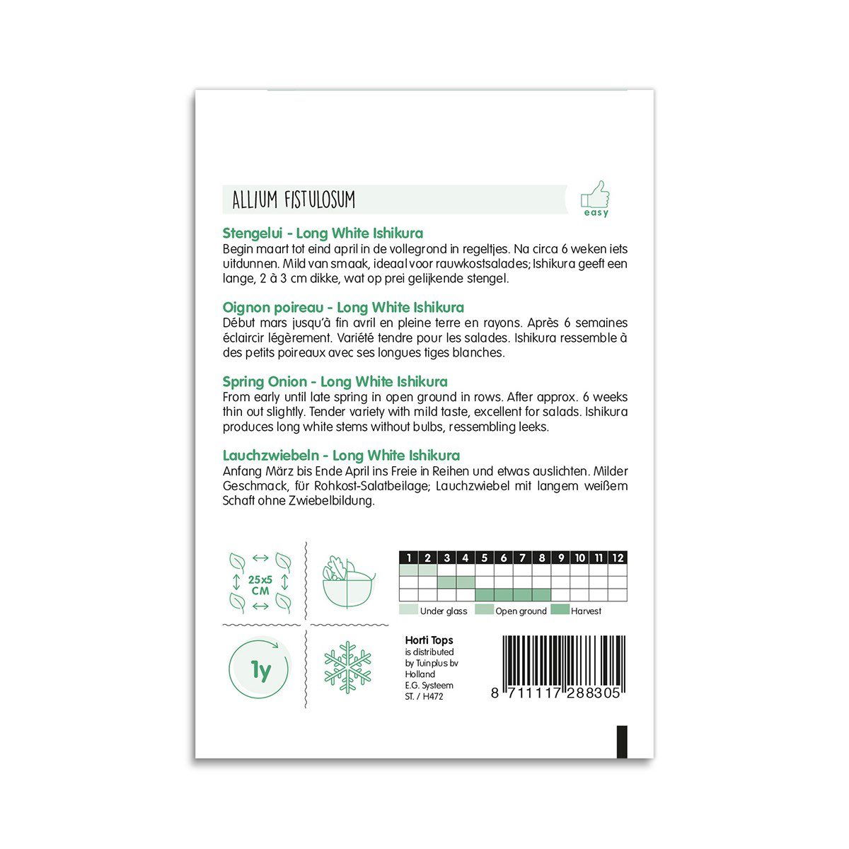 Bagside af frøpose til forårsløg Long White Ishikura