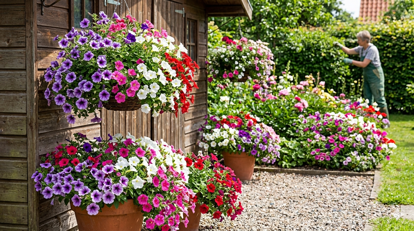 Farverige petunia-hængende kurve og krukker ved træskur i have med gartner i baggrunden Nærbillede af farverige petuniaer i hængende kurv og terrakottakrukker ved et træskur, frodige blomsterbede og en gartner, der plejer en hæk i baggrunden