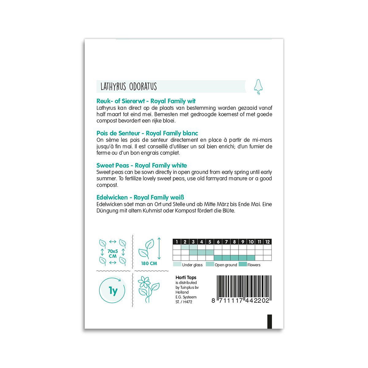 Bagside af frøpose til Lathyrus odoratus Royal Family hvid