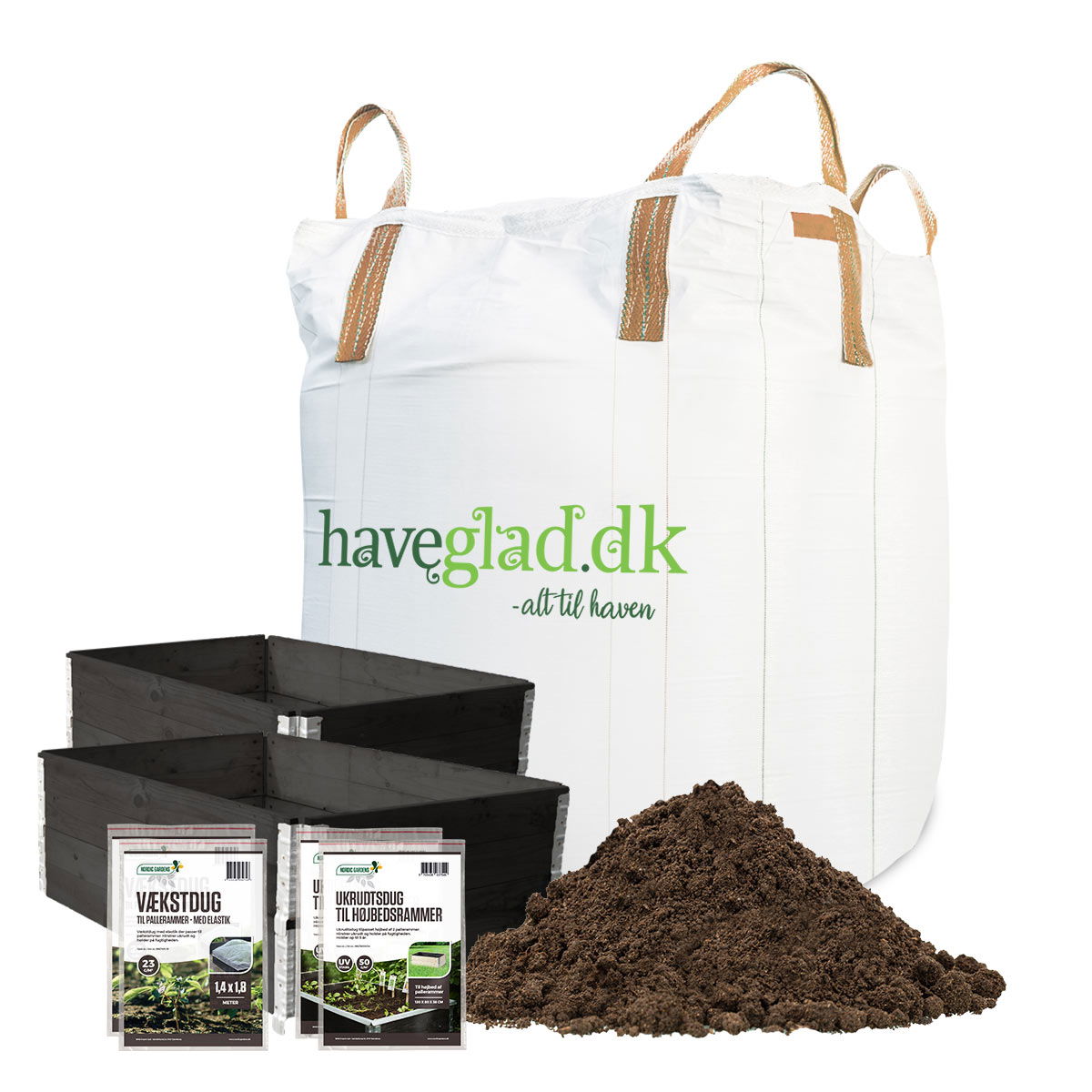 Haveglad sæt til højbede med jord og ukrudtsdug