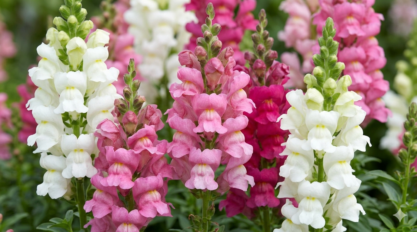 Nærbillede af løvemund med rækker af rosa og hvide blomster i haven