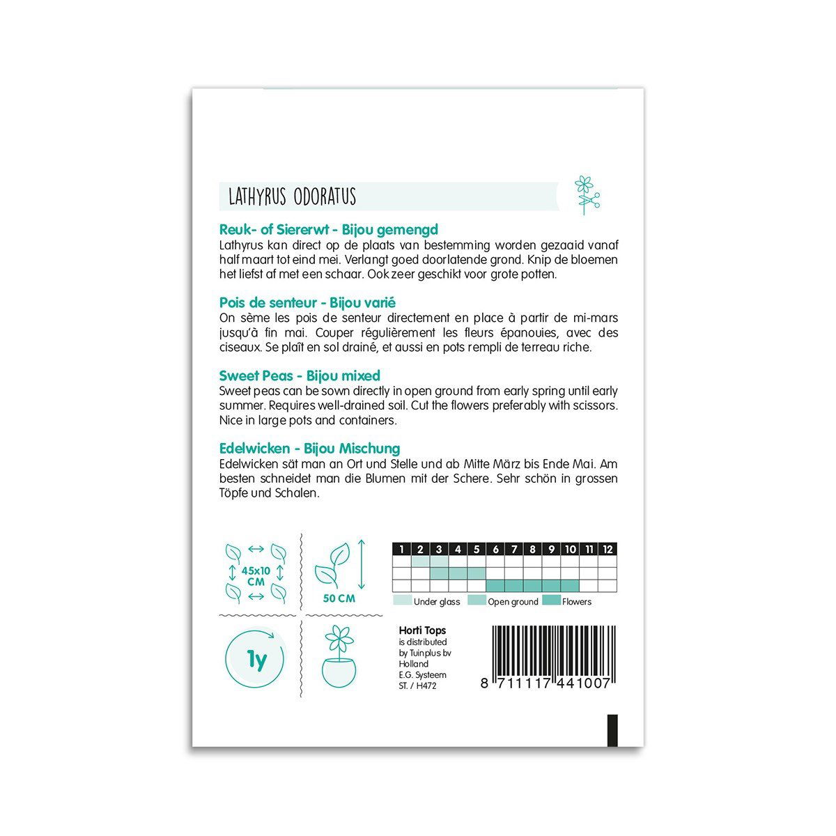 Bagside af Lathyrus odoratus Bijou blanding frøpose
