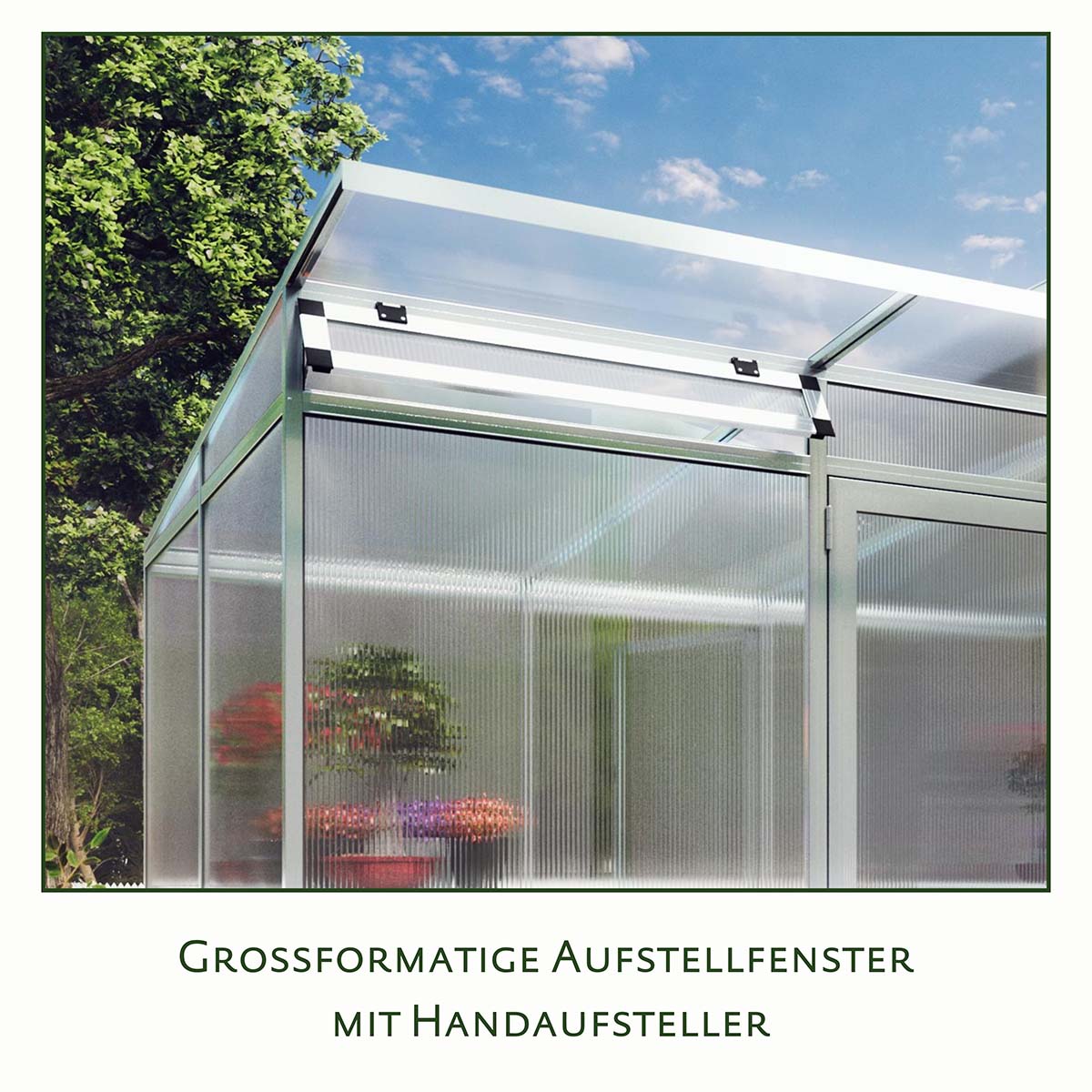 Stort tagvindue med håndåbner i drivhus