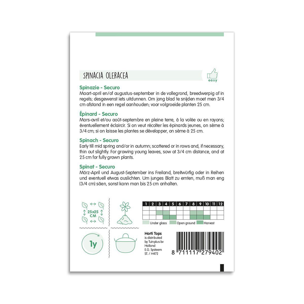 Bagside af spinatfrøpose med såvejledning