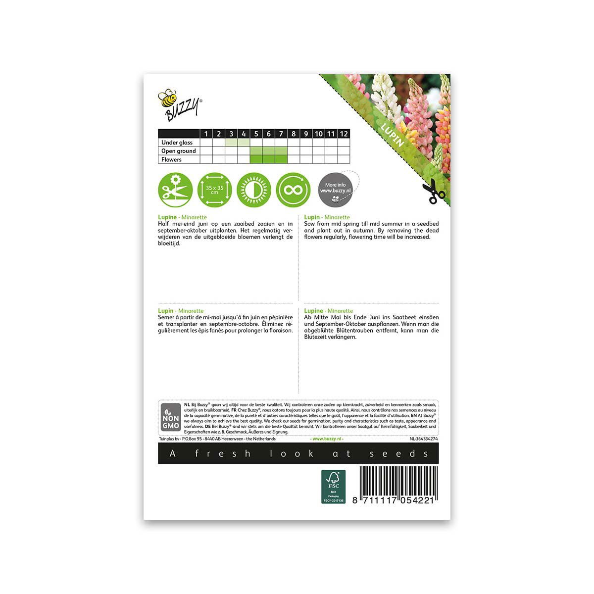 Bagside af Buzzy Lupin Minarette blomsterfrøpose