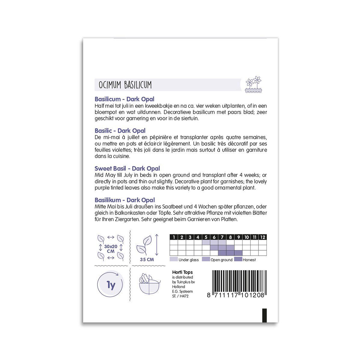 Bagside af frøpose til Dark Opal basilikum med vejledning