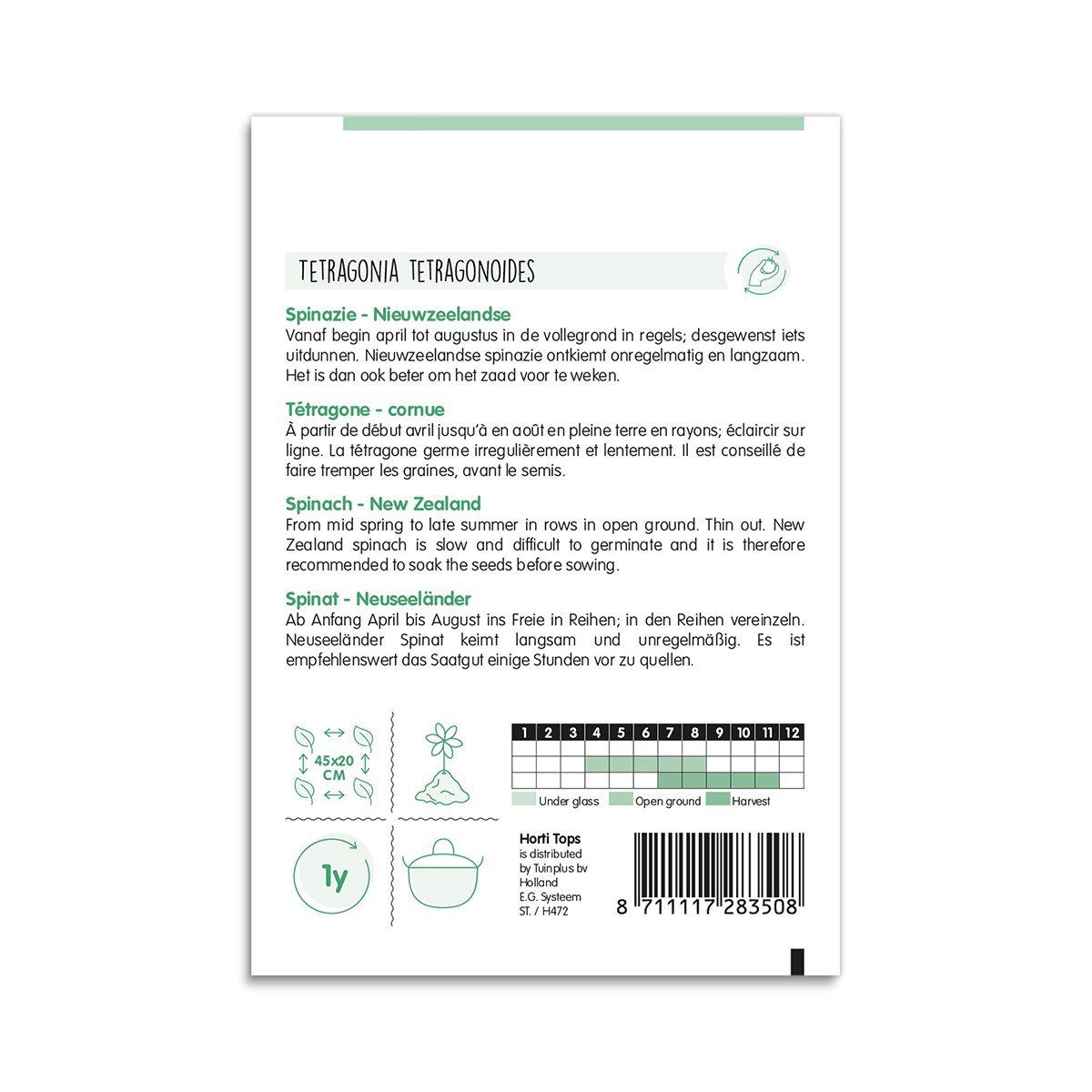 Bagside af frøpose til New Zealand spinat Tetragonia