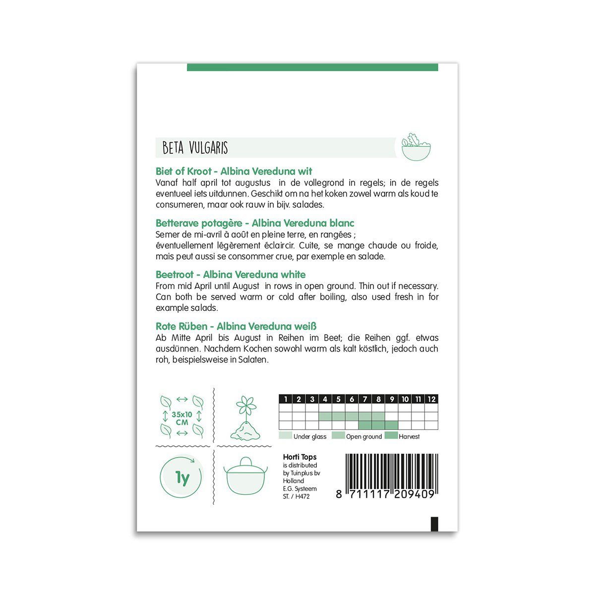 Bagside af frøpose til hvid rødbede Albina Vereduna