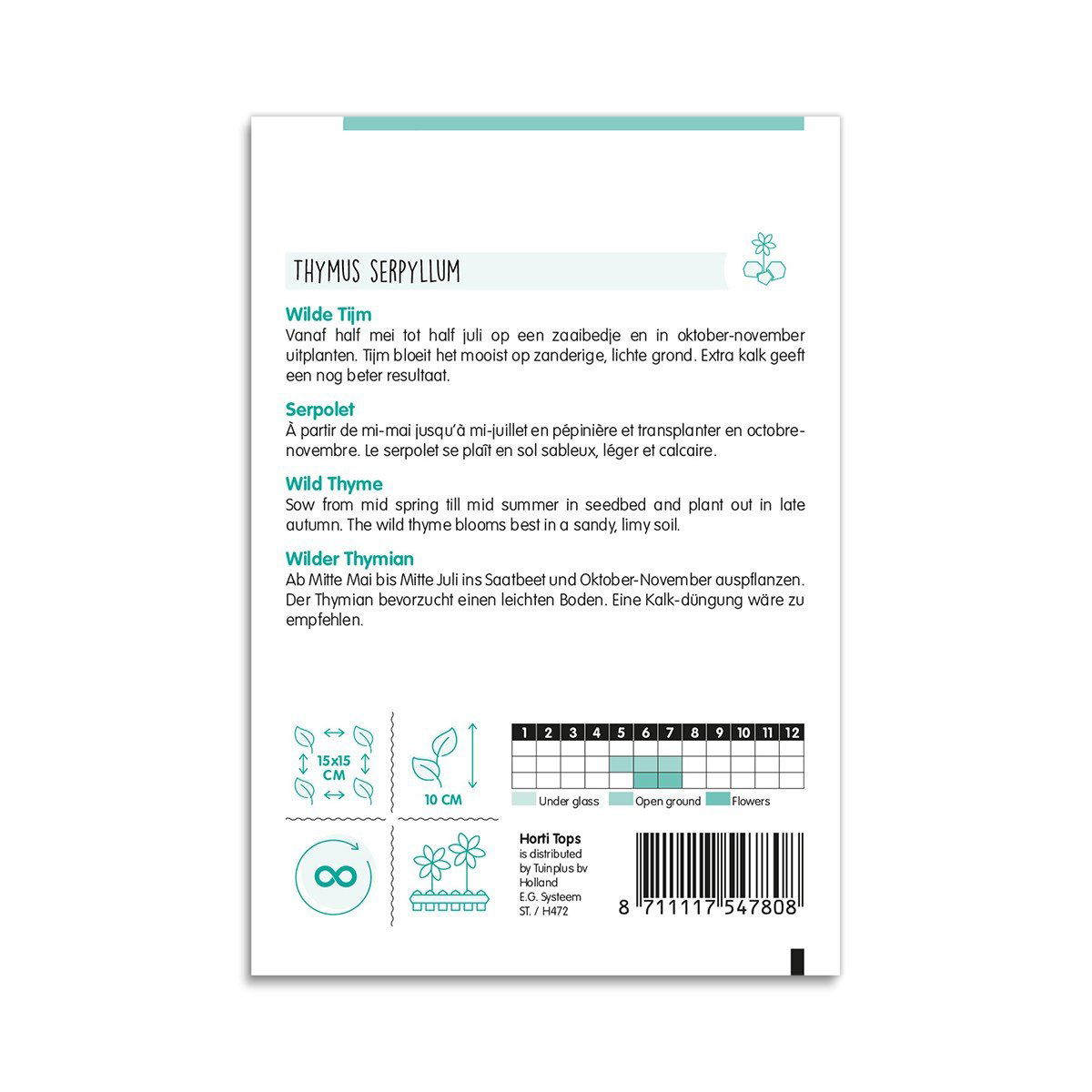 Bagside af frøpose til vild timian Thymus serpyllum