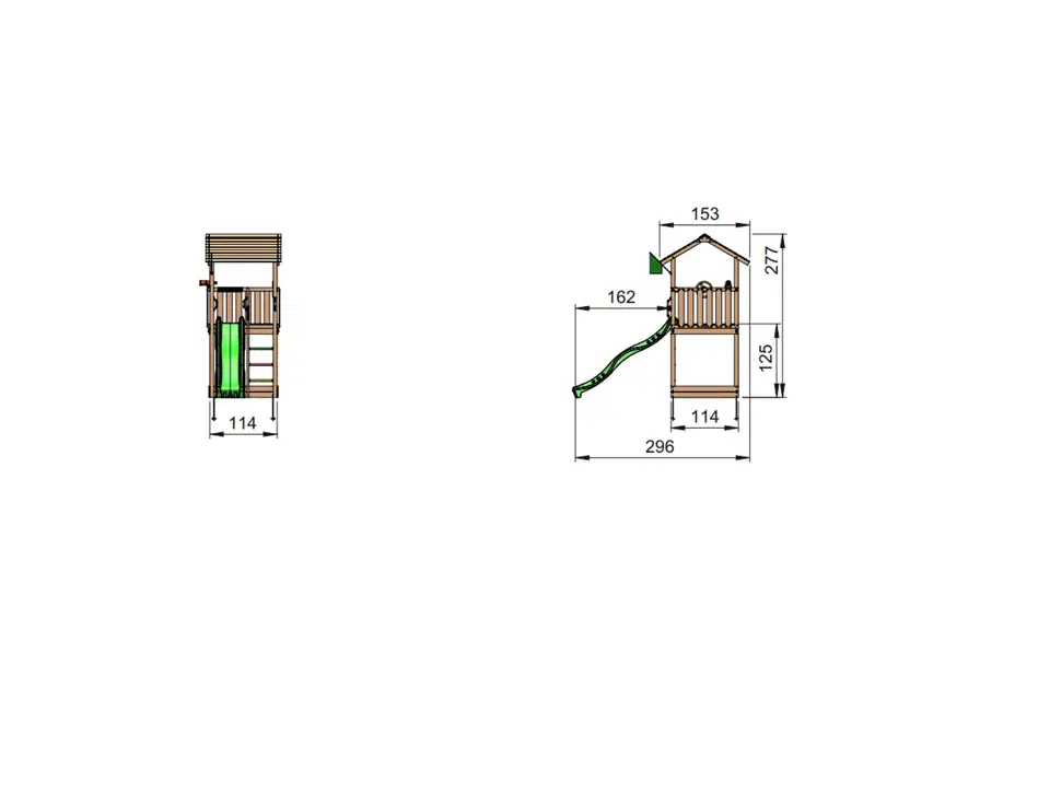 Legetårn Jungle Gym Casa 2.1 m med blå rutsjebane – pladsbesparende design i trykimprægneret træ Jungle Gym Casa legetårn 2.1 m i trykimprægneret træ med blå rutsjebane, kompakt pladsbesparende design og målillustration – CE-godkendt