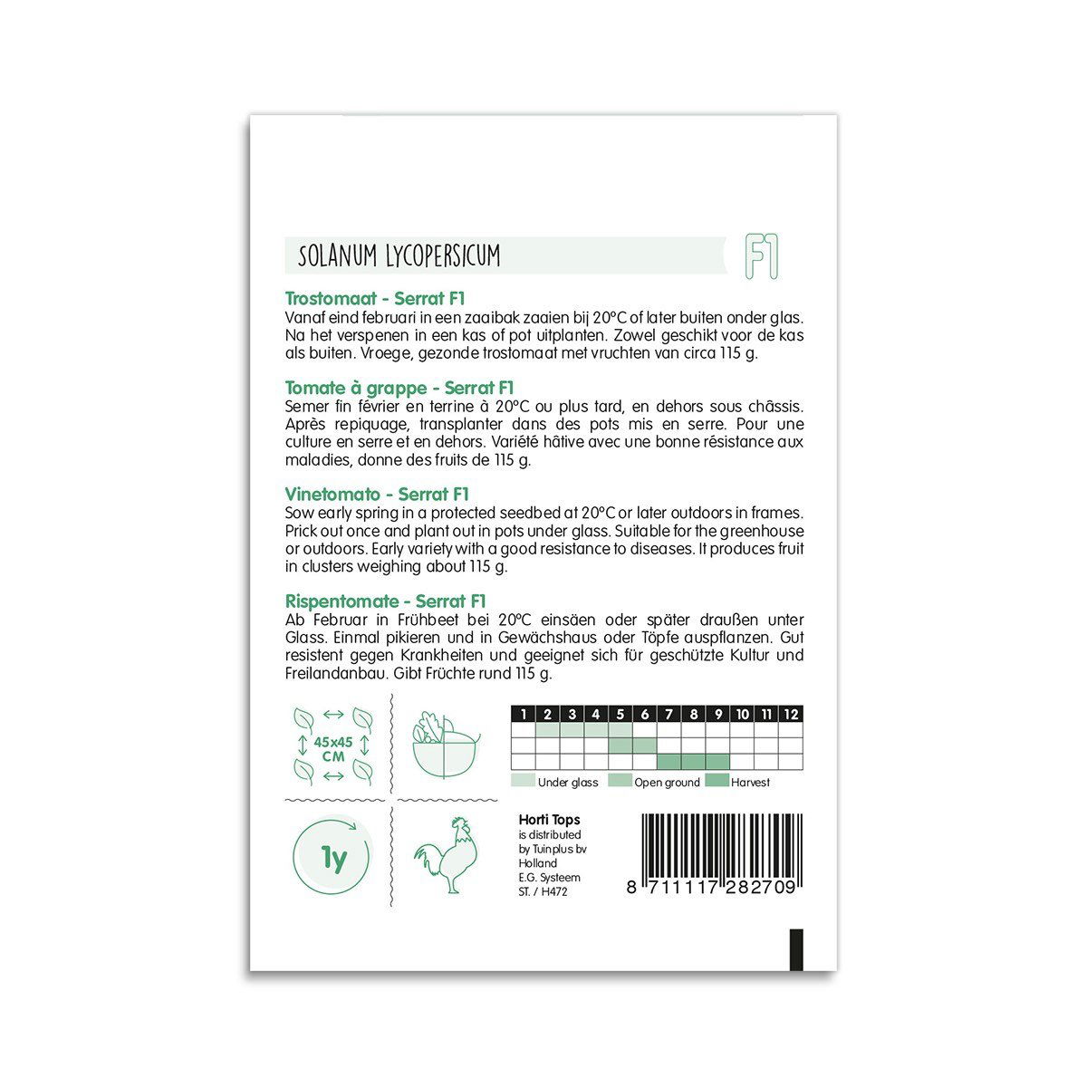 Bagetiket til Serrat F1 tomatfrø med dyrkningsvejledning