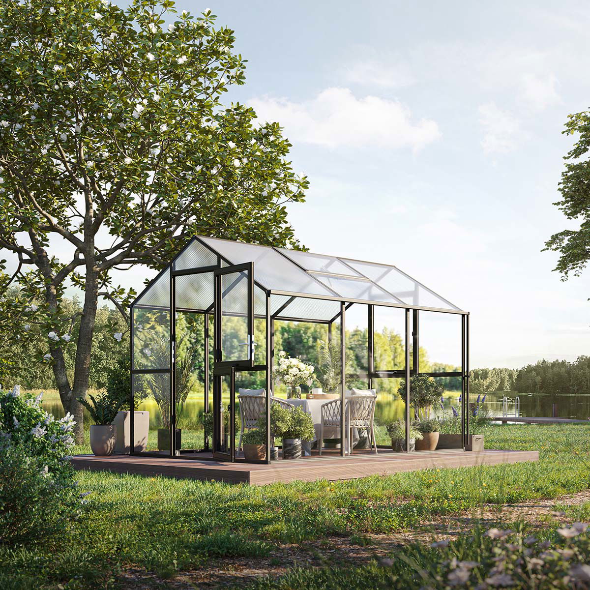 Moderne sort drivhus med planter og havemøbler