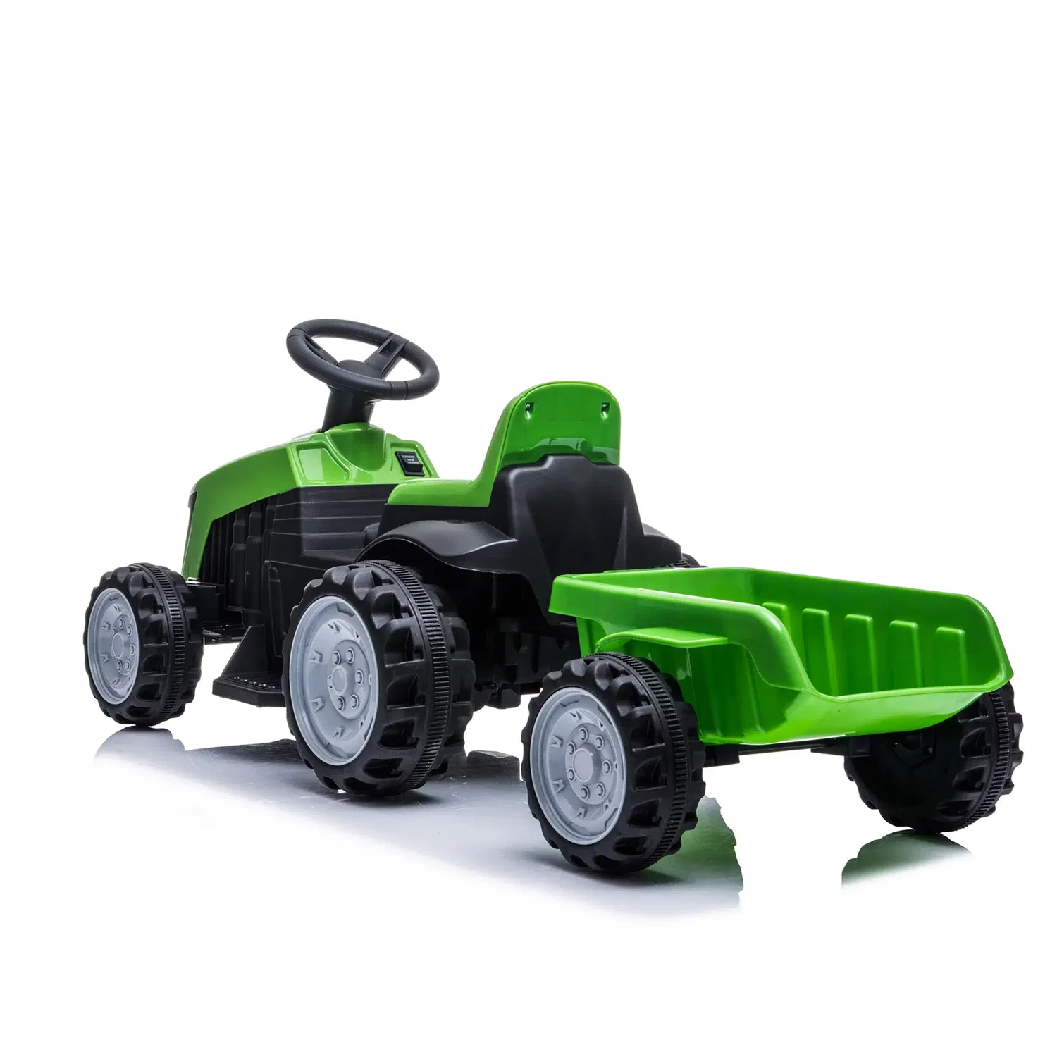 Grøn eltraktor med trailer fra Nordic Play Speed, batteridrevet (1 x 7,4V), frem- og bakgear, plads til legetøj og op til 25 kg brugervægt – ideel til børn 2–6 år