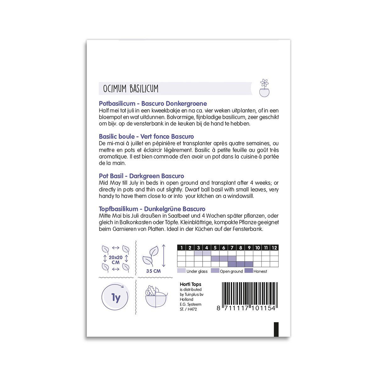 Bagside af pose med Ocimum Basilicum Bascuro frø