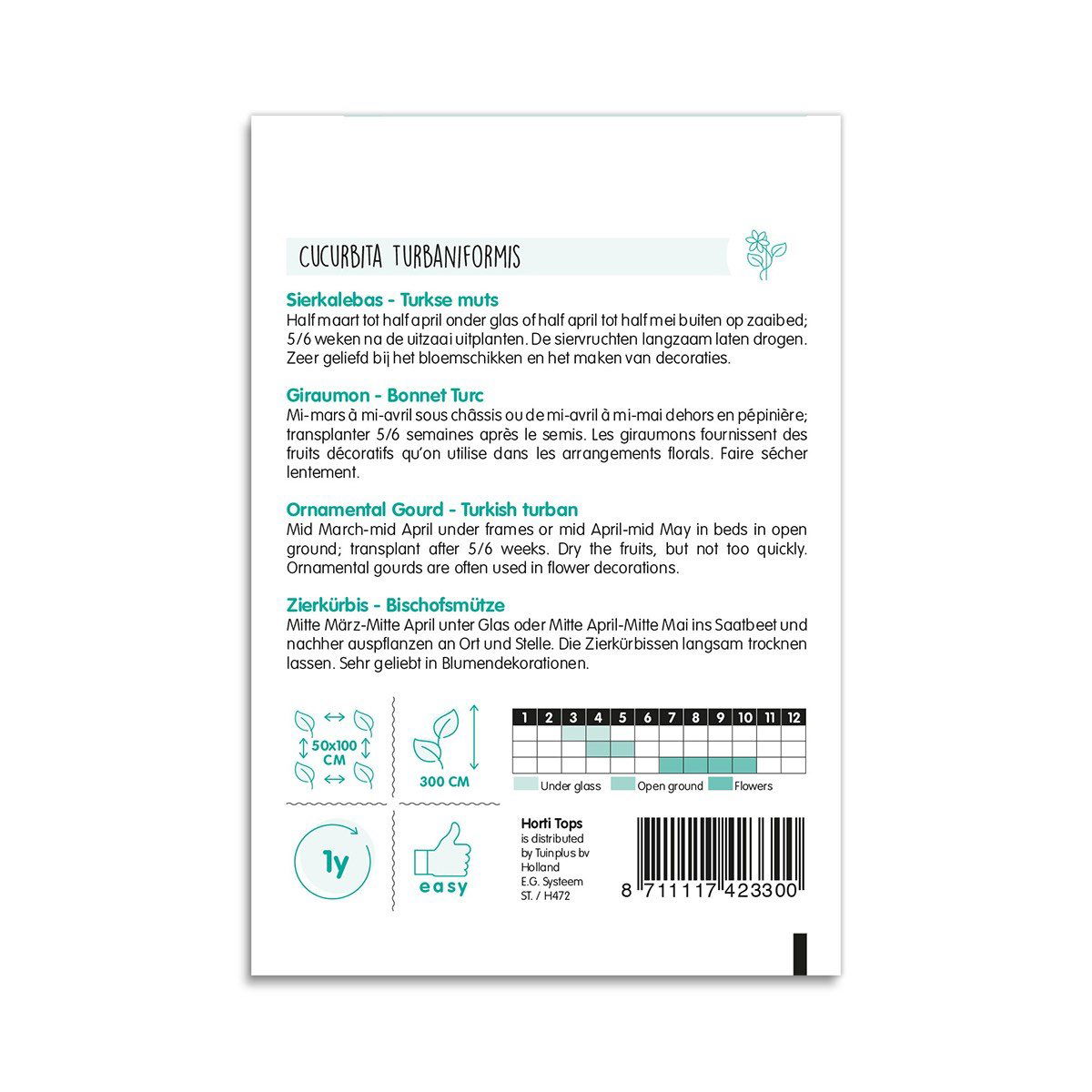 Bagside af frøpose til pyntegræskar, tyrkisk turban