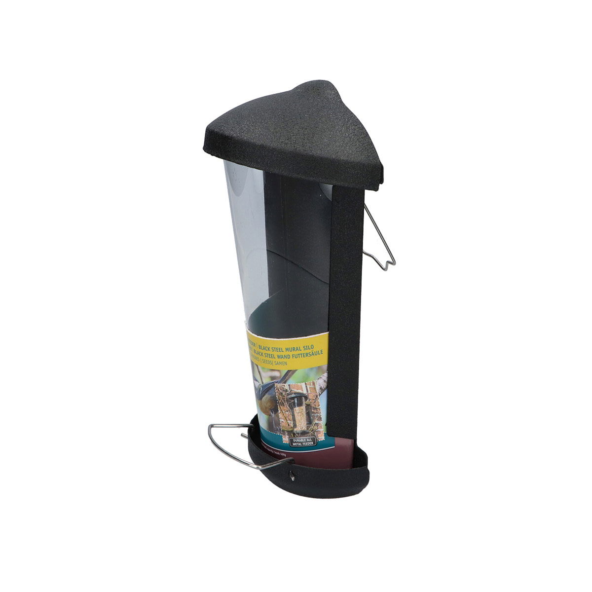 Sort væghængt fuglefoderautomat i stål og plast