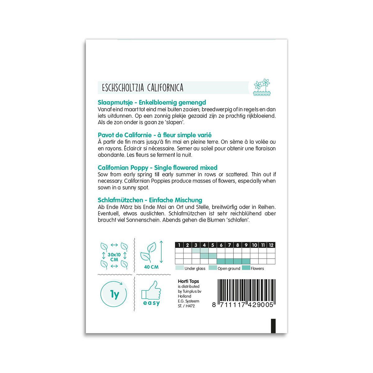 Bagside af frøpose til californisk valmue med dyrkningsinfo