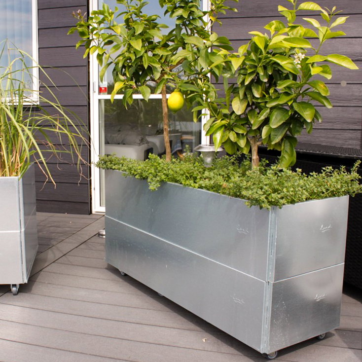 Galvaniseret plantekasse på hjul med træer på terrasse