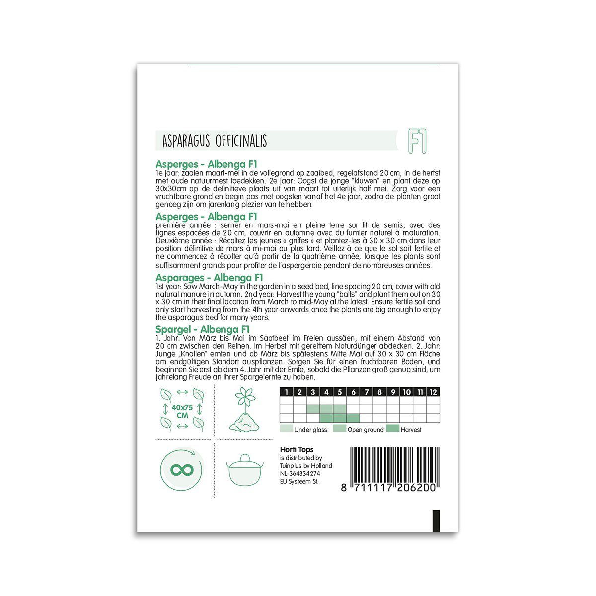 Bagside af frøpose med Asparges Albenga F1 dyrkningsinfo