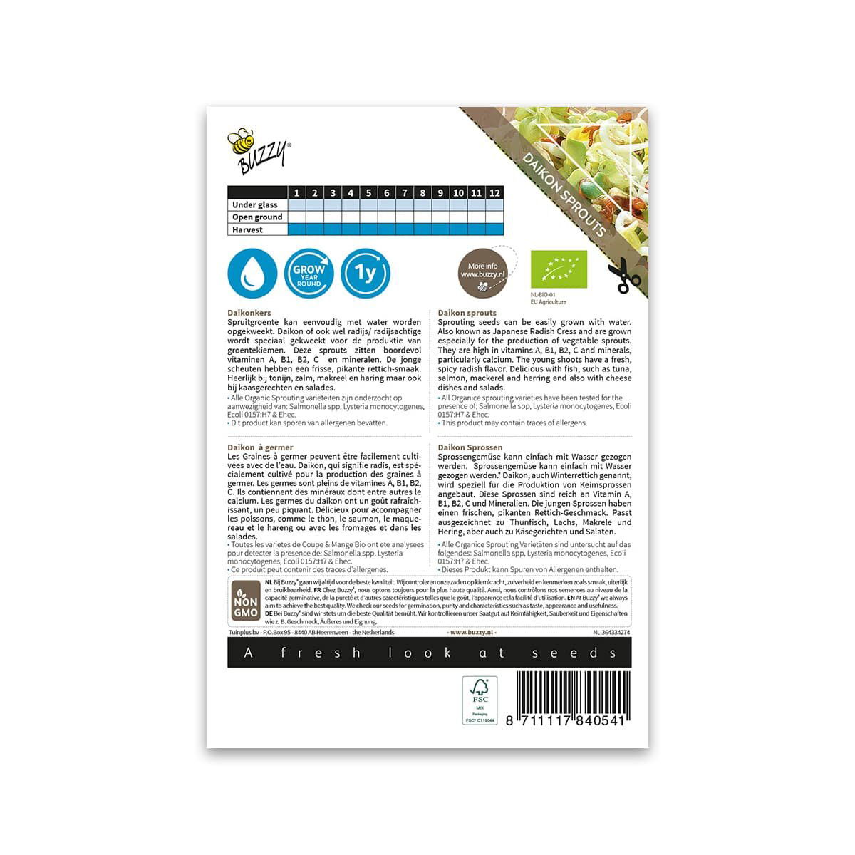 Bagside af Buzzy frøpose til daikonspirer