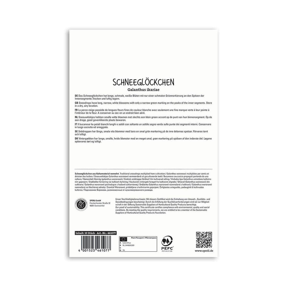 Bagside af pakke med snefnække Galanthus ikariae blomsterløg