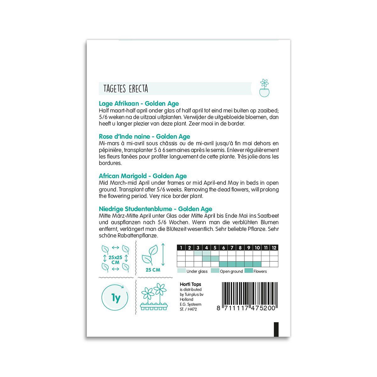 Bagside af frøpose til Tagetes Erecta Golden Age