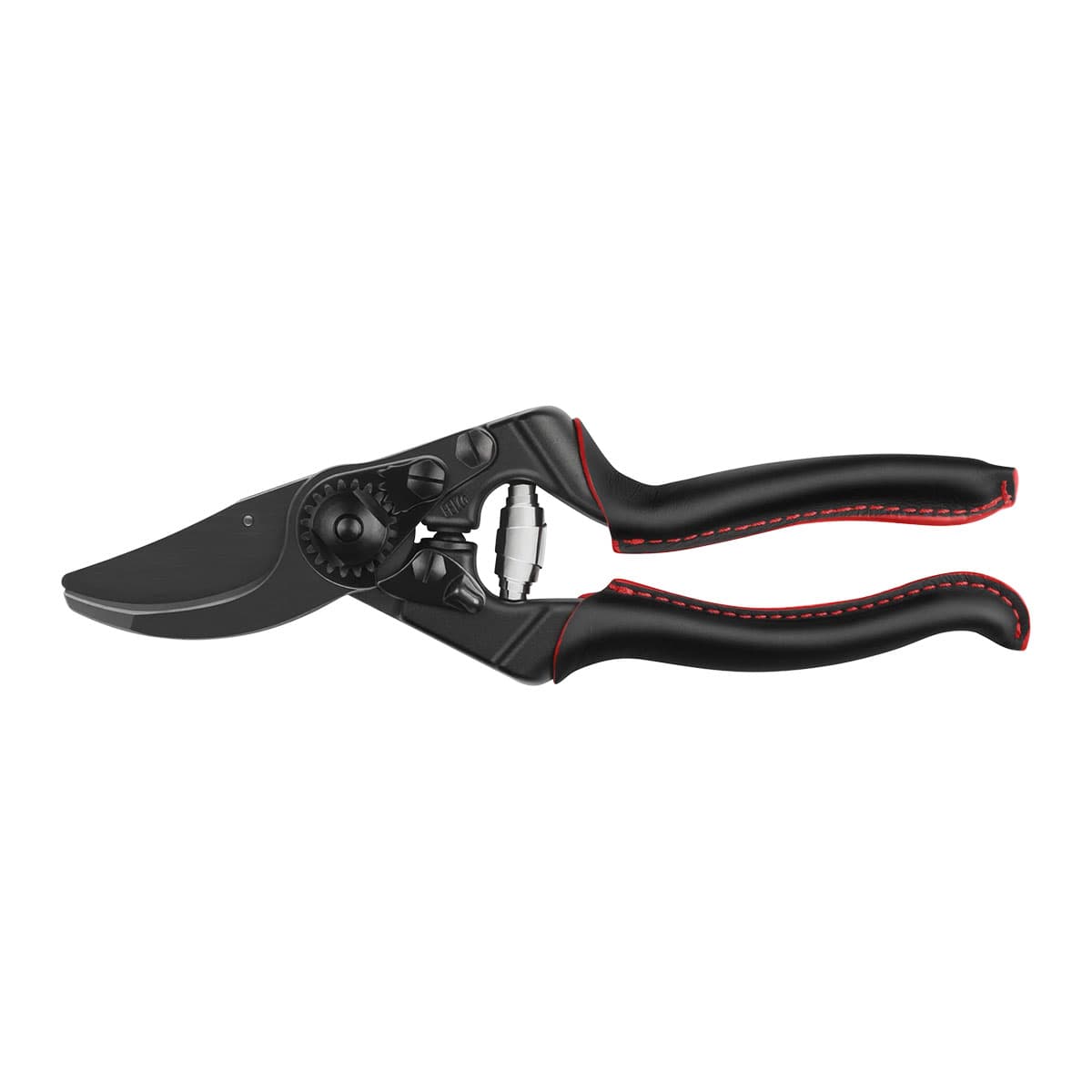 Sort beskæresaks med røde detaljer og komfortgreb