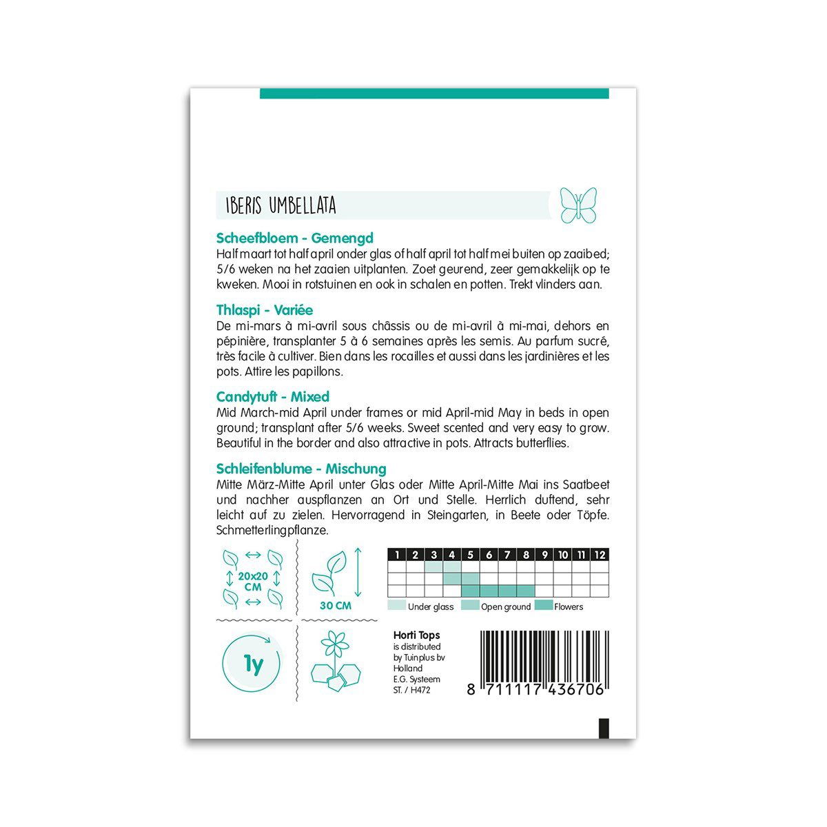 Bagside af pose med Iberis Umbellata frøblanding