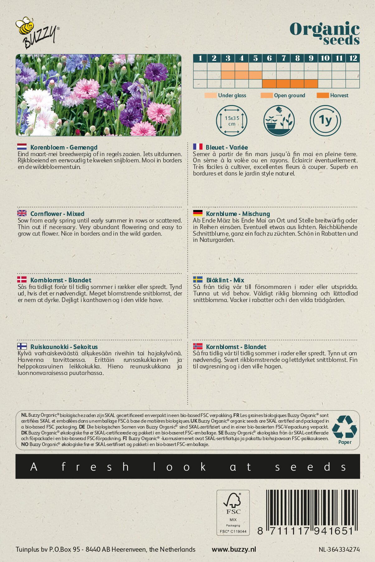 Frøpose med økologiske blandede kornblomster