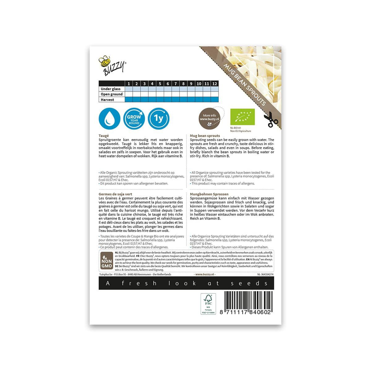 Bagside af frøpose til økologiske mungbønnespirer